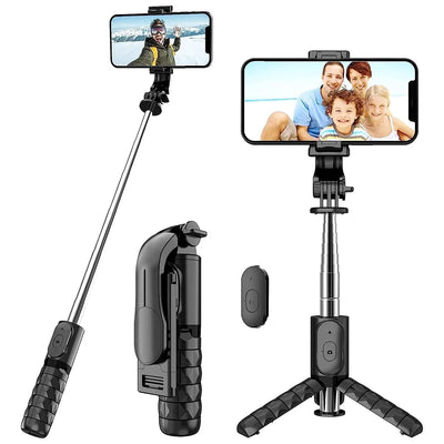 Selfie stick Techsuit Mini (Q11), Stable Tripod cu Bluetooth Telecomanda, 360 Rotation, Stainless Steel, 74cm, negru