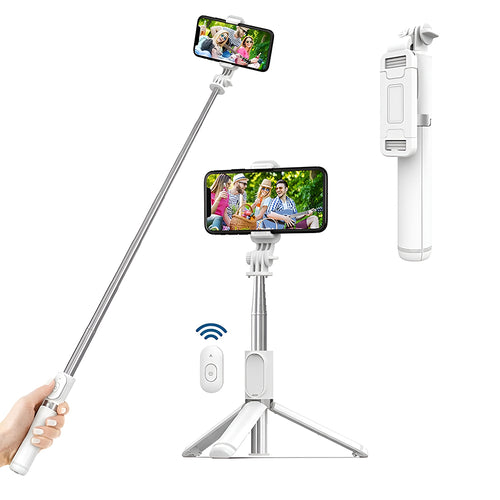 Selfie stick Techsuit (Q01), cu Bluetooth Telecomanda si Suport trepied stabil, 101cm, alb