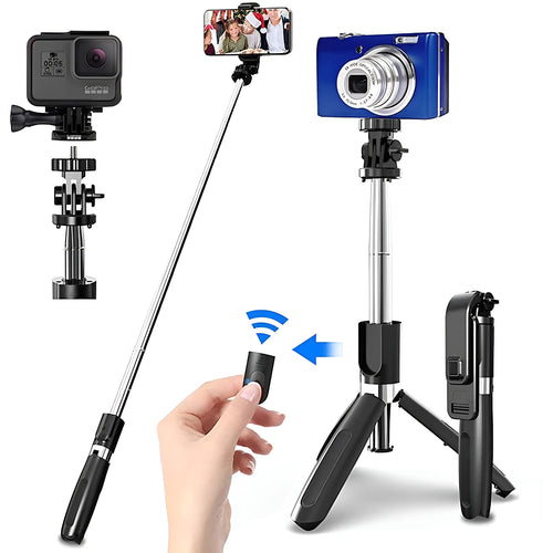 Selfie stick Techsuit (L02), Stable Tripod cu Bluetooth Telecomanda, GoPro Compatible, 360 Rotation, 100cm, negru