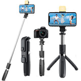 Selfie stick Techsuit (L02s), Stable Tripod cu Bluetooth Telecomanda si Fill Light, Stainless Steel, 104cm, negru