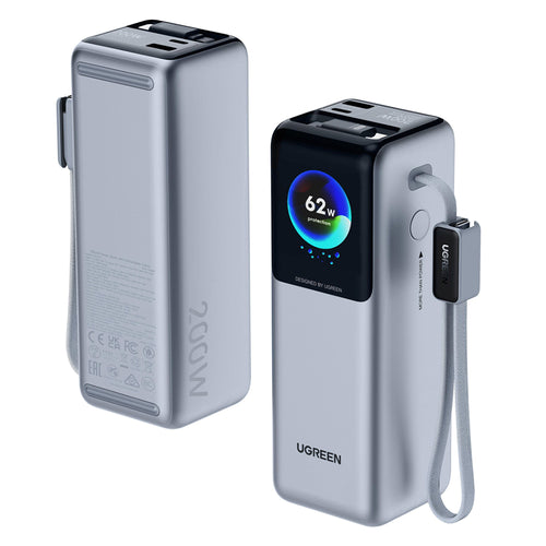 Baterie externa UGREEN PB728 (75702B), cu 2x Integrat USB-C Cable, USB, Type-C, Afisaj digital, 25000mAh, 200W, gri