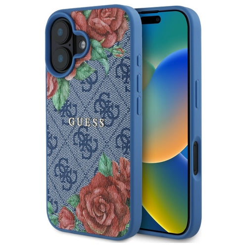 Husa pentru iPhone 16, Guess Hardcase 4G Flower Print MagSafe (GUHMP16SP4ROPEMCB), albastru