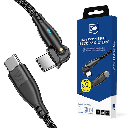 Cablu 3mk de date Hyper N-Series, Type-C to Type-C, Ultra Incarcare rapida, 180-Degree Cable, 100W, 20V/5A, 1m, negru