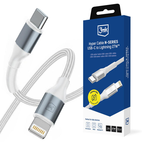 Cablu 3mk de date Hyper N-Series, Type-C to Lightning, 27W, 9V/3A, 1m, alb