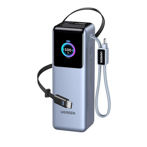 Baterie externa UGREEN PB728 (75702B), cu 2x Integrat USB-C Cable, USB, Type-C, Afisaj digital, 25000mAh, 200W, gri
