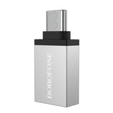 Adaptor OTG Borofone BV3, Type-C (M) la USB-A (F), Transfer Date si Incarcare, Aluminiu, 5Gbps, Argintiu