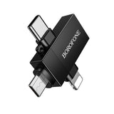 Adaptor USB 2.0 la Lightning / Type-C / Micro-USB Borofone BV26D, 3 in 1, Incarcare si Transfer Date, 1.5A, Negru