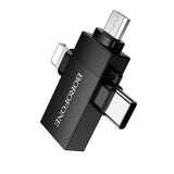 Adaptor USB 2.0 la Lightning / Type-C / Micro-USB Borofone BV26D, 3 in 1, Incarcare si Transfer Date, 1.5A, Negru