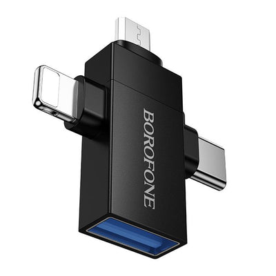 Adaptor USB 2.0 la Lightning / Type-C / Micro-USB Borofone BV26D, 3 in 1, Incarcare si Transfer Date, 1.5A, Negru