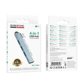 Hub USB 4 in 1 Borofone FH1, 3x USB 2.0, 1x USB 3.0, Aliaj de aluminiu, Plug & Play, pana la 5Gbps, Gri