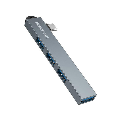 Adaptor Hub USB-C la 3x USB 2.0, 1x USB 3.0 Borofone FH1A, Aliaj de aluminiu, Plug&Play, 5Gbps, Gri
