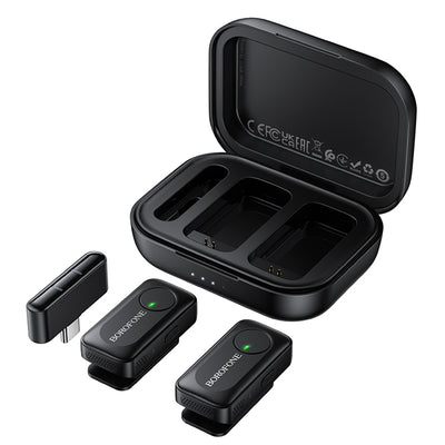Microfon lavalier wireless Borofone Lemai BFK17, USB-C, cu carcasa de incarcare, anulare zgomot, omnidirectional, set 2 bucati, Negru
