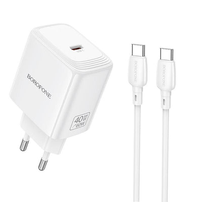 Încărcător Borofone Fuente BN33, Cablu Type-C inclus, Port USB-C, PD 40W, Tehnologie GaN, Priză EU, Alb
