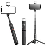 Selfie stick Techsuit (Q12S), Suport trepied stabil cu Bluetooth Remote si LED Light, 75cm, negru