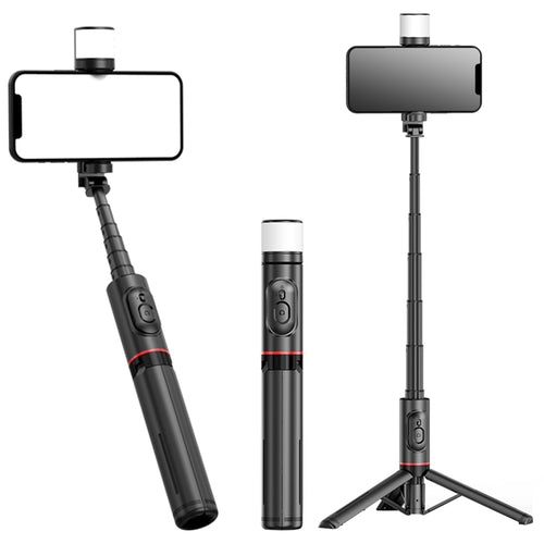 Selfie stick Techsuit (Q12S), Suport trepied stabil cu Bluetooth Remote si LED Light, 75cm, negru