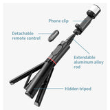Selfie stick Techsuit (Q12S), Suport trepied stabil cu Bluetooth Remote si LED Light, 75cm, negru