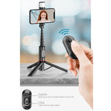 Selfie stick Techsuit (Q12S), Suport trepied stabil cu Bluetooth Remote si LED Light, 75cm, negru