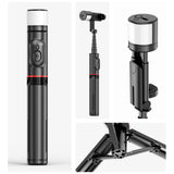 Selfie stick Techsuit (Q12S), Suport trepied stabil cu Bluetooth Remote si LED Light, 75cm, negru