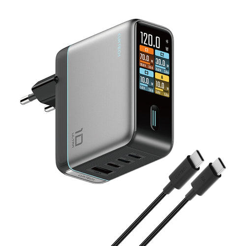 Încărcător Cuktech AD1204U, GaN, Display, Touch Control, 120W, 3x USB-C, USB-A, cu Cablu Type-C inclus, Gri