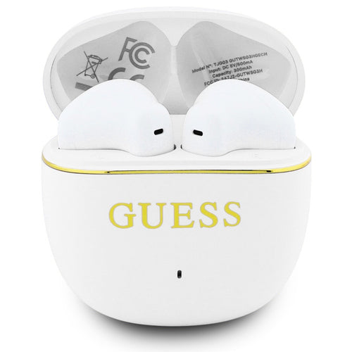 Căști wireless Guess Glossy Gold Line Classic, Half-in-ear, Bluetooth, TWS, Albe