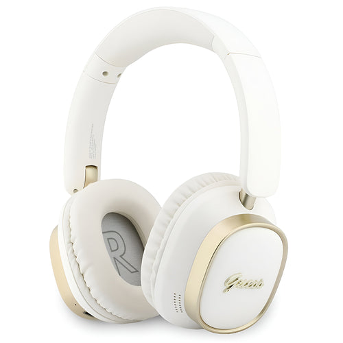 Căști wireless over-ear Guess Rectangle Metal Script, Bluetooth, tehnologie ENC, piele eco, Albe