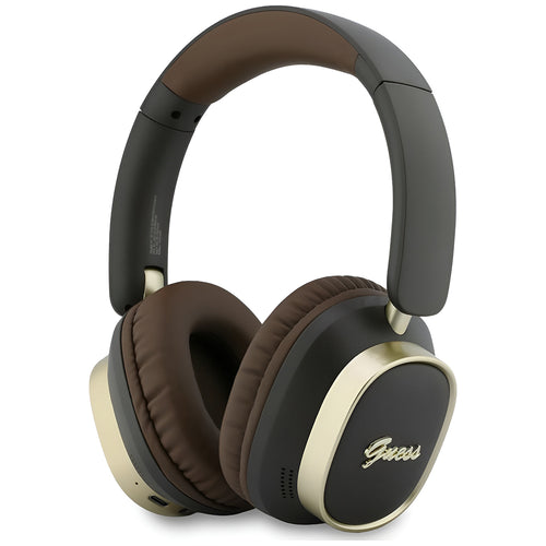 Căști Over-Ear Guess Rectangle Metal Script, Bluetooth, tehnologie ENC, piele ecologică, Maro