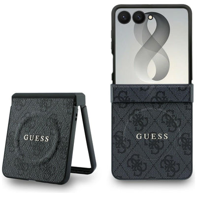 Husă pentru Samsung Galaxy Z Flip8, Guess 4G Leather Classic MagSafe, Neagră
