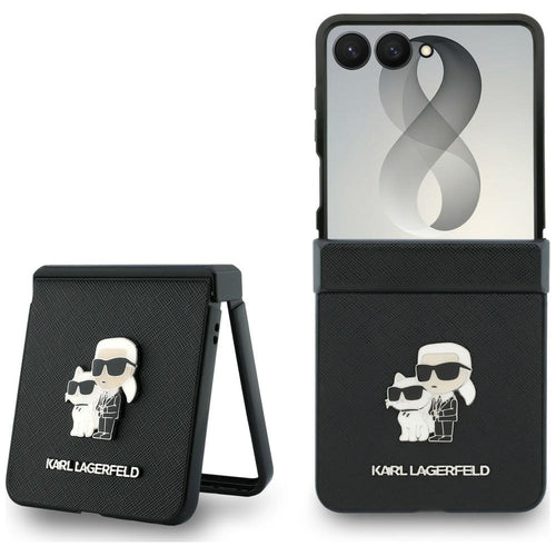 Husă pentru Samsung Galaxy Z Flip8, Karl Lagerfeld Saffiano Karl&Choupette Metal Pin, Neagră