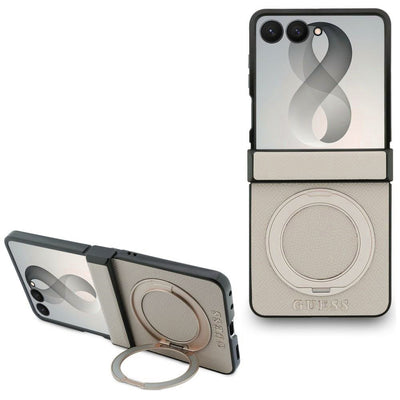 Husă pentru Samsung Galaxy Z Flip8, Guess Ring Stand Grained Classic Logo MagSafe, Bej
