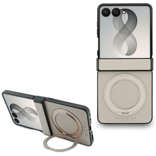 Husă pentru Samsung Galaxy Z Flip8, Guess Ring Stand Grained Classic Logo MagSafe, Bej