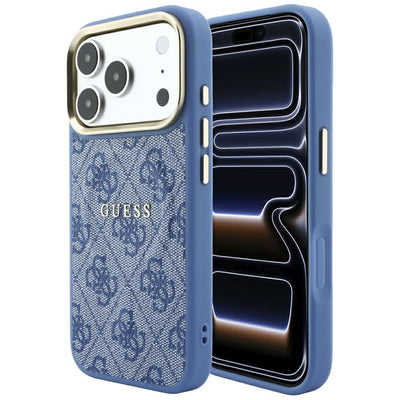 Husă pentru iPhone 17 Pro / iPhone 18 Pro, Guess 4G Embossed Classic MagSafe, Albastră