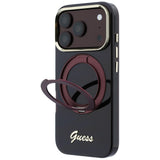 Husă pentru iPhone 17 Pro / iPhone 18 Pro, Guess Ring Stand Script Metal Logo MagSafe, Bordo