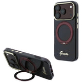 Husă pentru iPhone 17 Pro / iPhone 18 Pro, Guess Ring Stand Script Metal Logo MagSafe, Bordo