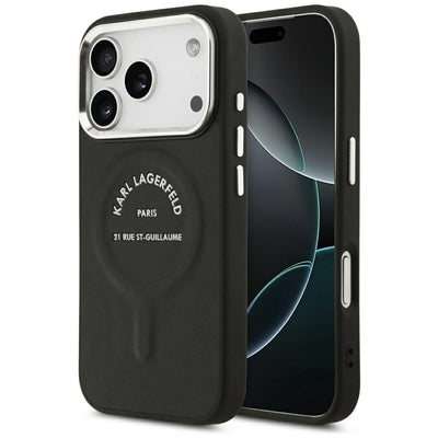 Husă pentru iPhone 17 Pro / iPhone 18 Pro, Karl Lagerfeld MagSafe Leather Embossed Ring Karl RSG Logo, Neagră