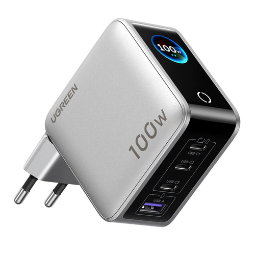 Încărcător Ugreen Nexode Pro X772, 3x USB-C, USB-A, Smart Display, GaN, 100W, Plug pliabil, Argintiu