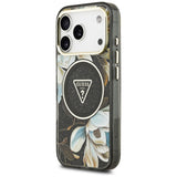 Husă pentru iPhone 18 Pro / iPhone 17 Pro, Guess IML Glitter Flowers Triangle MagSafe, Neagră