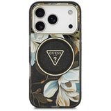 Husă pentru iPhone 18 Pro / iPhone 17 Pro, Guess IML Glitter Flowers Triangle MagSafe, Neagră