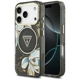 Husă pentru iPhone 18 Pro / iPhone 17 Pro, Guess IML Glitter Flowers Triangle MagSafe, Neagră