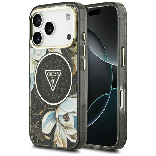 Husă pentru iPhone 18 Pro / iPhone 17 Pro, Guess IML Glitter Flowers Triangle MagSafe, Neagră