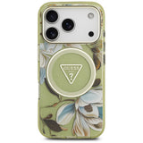 Husă pentru iPhone 17 Pro / iPhone 18 Pro, Guess IML Glitter Flowers Triangle MagSafe, Verde