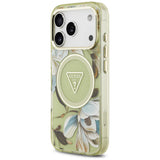 Husă pentru iPhone 17 Pro / iPhone 18 Pro, Guess IML Glitter Flowers Triangle MagSafe, Verde
