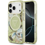 Husă pentru iPhone 17 Pro / iPhone 18 Pro, Guess IML Glitter Flowers Triangle MagSafe, Verde