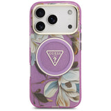Husă pentru iPhone 17 Pro / iPhone 18 Pro, Guess IML Glitter Flowers Triangle MagSafe, Mov