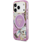 Husă pentru iPhone 17 Pro / iPhone 18 Pro, Guess IML Glitter Flowers Triangle MagSafe, Mov