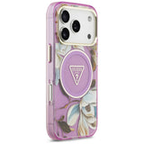 Husă pentru iPhone 17 Pro / iPhone 18 Pro, Guess IML Glitter Flowers Triangle MagSafe, Mov