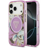 Husă pentru iPhone 17 Pro / iPhone 18 Pro, Guess IML Glitter Flowers Triangle MagSafe, Mov