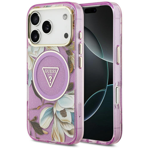 Husă pentru iPhone 17 Pro / iPhone 18 Pro, Guess IML Glitter Flowers Triangle MagSafe, Mov