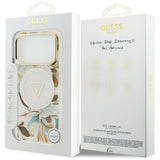 Husă pentru iPhone 17 Pro / iPhone 18 Pro, Guess IML Glitter Flowers Triangle MagSafe, Albă