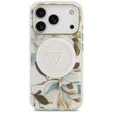 Husă pentru iPhone 17 Pro / iPhone 18 Pro, Guess IML Glitter Flowers Triangle MagSafe, Albă