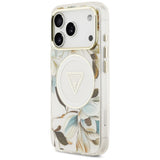 Husă pentru iPhone 17 Pro / iPhone 18 Pro, Guess IML Glitter Flowers Triangle MagSafe, Albă